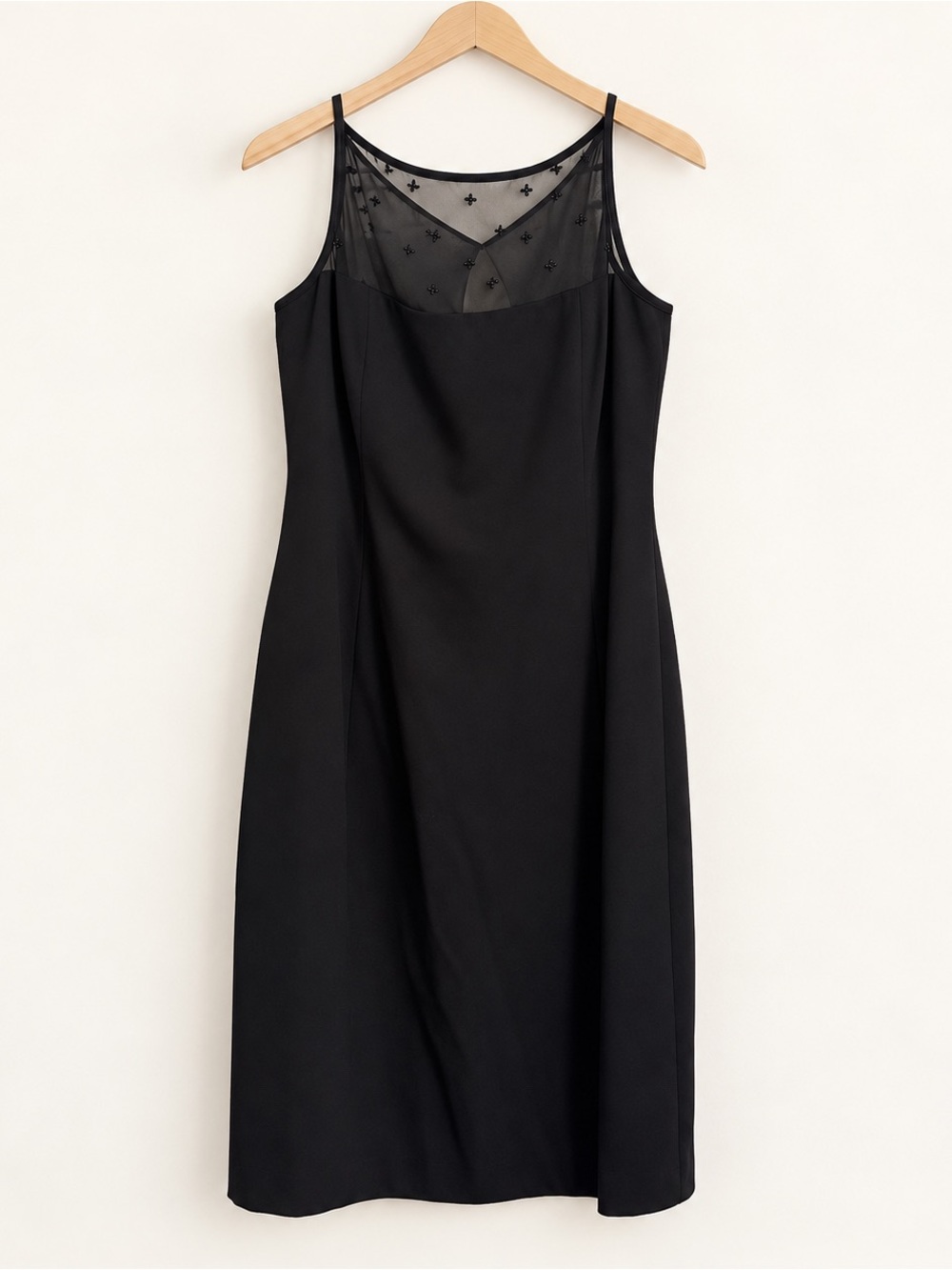 Jones Wear Black Beaded Sheer Mesh Yoke Midi Sheath Cocktail Dress Size 8